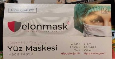 The "Elonmask" brand face mask in a 10-piece box is seen on sale at a supermarket in this undated viral photo taken from Twitter