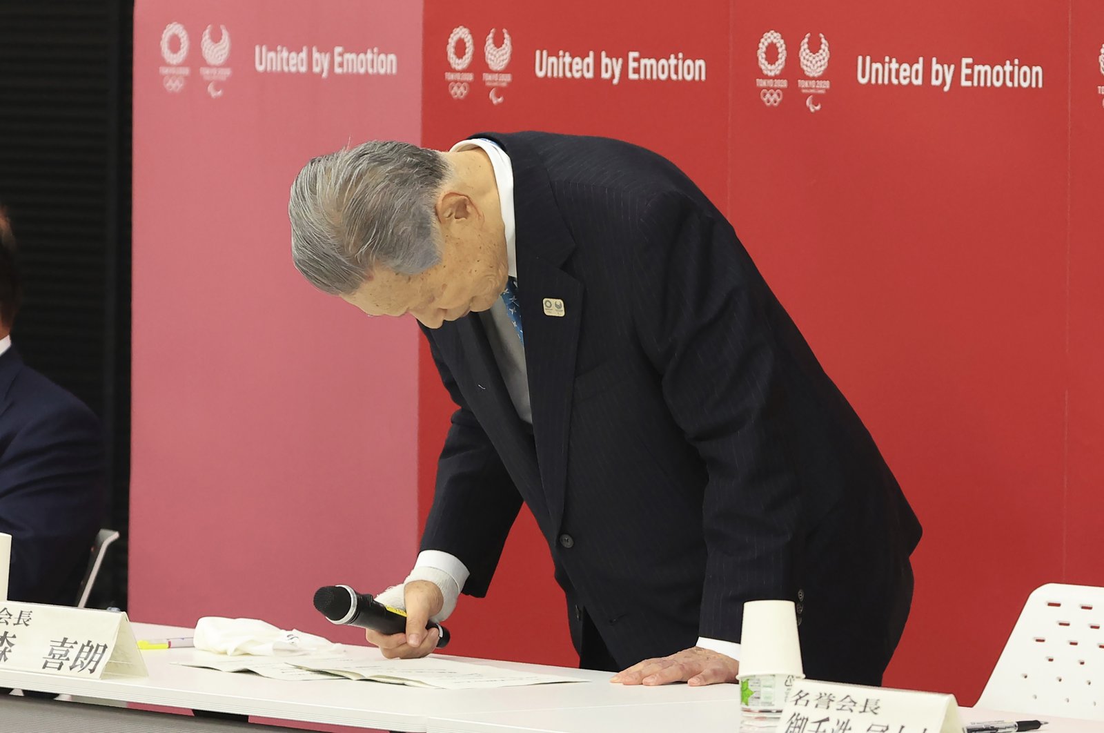 Tokyo 2020 Olympics organizing committee President Yoshiro Mori announces his resignation, in Tokyo, Japan, Feb. 12, 2021. (AP Photo)