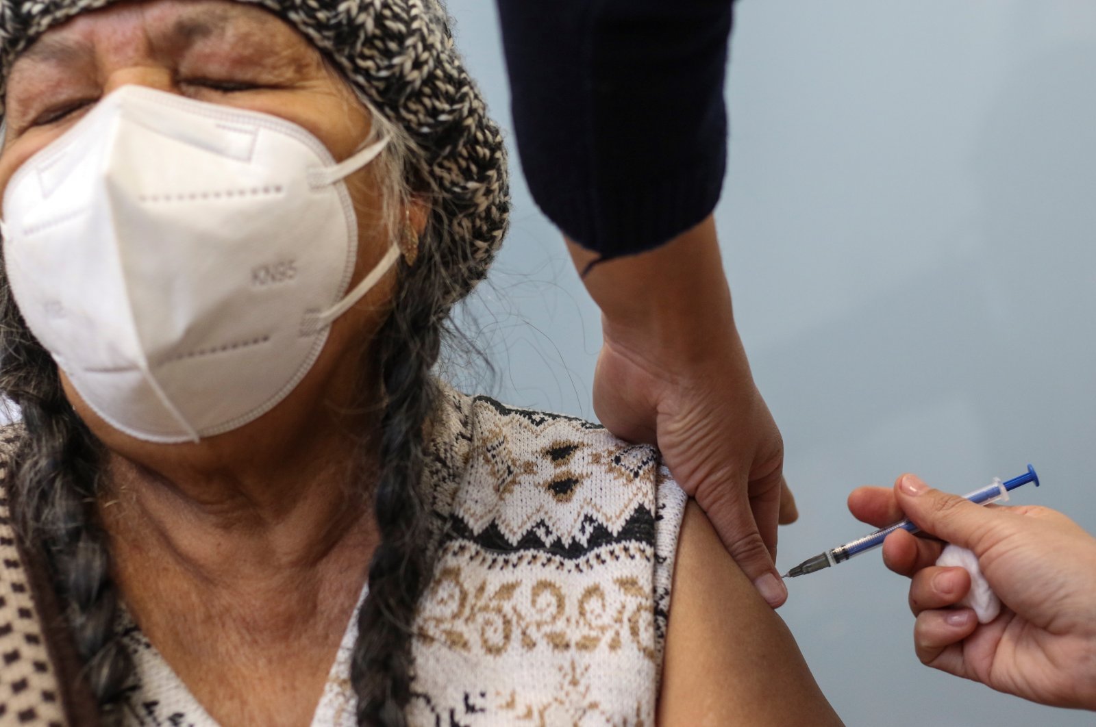 An elderly woman receives the vaccine against COVID-19, at a hospital in the state of Guanajuato, Mexico, Feb. 15, 2021. (EPA Photo)