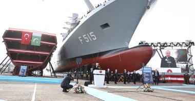 President Recep Tayyip Erdoğan during a speech at the groundbreaking of the third ship to be constructed for the Pakistani navy under the MILGEM project, Istanbul, Jan. 23, 2021. (AA Photo)