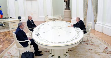 Russia's President Vladimir Putin meets with Azerbaijan's President Ilham Aliyev and Armenia's Prime Minister Nikol Pashinian to discuss the implementation of the cease-fire over Nagorno-Karabakh reached on Nov. 9 and measures to solve problems in the region, in Moscow, Russia, Jan. 11, 2021. (Reuters Photo)