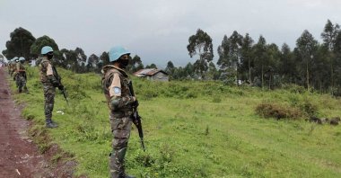 Moroccan soldiers of the MONUSCO (United Nations Organization Stabilization Mission in the DR Congo) patrol the road in the Kibumba area in the Virunga National Park, 25 kilometers (15.5 miles) from Goma, Feb. 22, 2021. (AFP Photo)