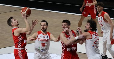 Turkish and Croatian national teams play in the 6th and last Group D qualifiers in EuroBasket in BJK Akatlar Sports Complex, Istanbul, Turkey, Feb. 22, 2021 (AA Photo)