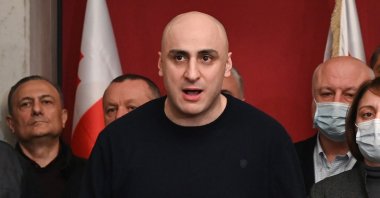 Nika Melia, one of the leaders of exiled former president Mikheil Saakashvili's United National Movement (UNM), holds a briefing at the UNM headquarters in Tbilisi on Feb. 17, 2021. (AFP Photo)