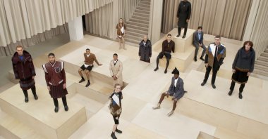 In this handout image provided by Burberry, models pose on the runway during the Burberry Autumn/Winter 2021 Menswear Presentation during LFW February 2021 at the Burberry flagship Regent Street store on February 22, 2021 in London, United Kingdom. (Burberry via Getty Images)