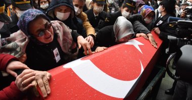 People mourn during the funeral of the Gerndermarie Specialized Sergeant Mevlüt Kahveci who the PKK terrorists killed in northern Iraq's Gara, Feb.18, 2021. (DHA) 