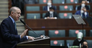 President Recep Tayyip Erdoğan speaks at the Justice and Development Party's (AK Party) Parliamentary Group meeting at the Turkish Parliament on Feb. 24, 2021. (IHA Photo)