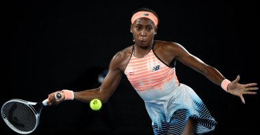 U.S.' Coco Gauff in action during Ukraine's Elina Svitolina in the Australian Open second round at Melbourne Park, Melbourne, Australia, Feb. 11, 2021. (EPA Photo)
