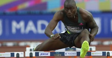 U.S.' Grant Holloway in action during the 60 meters hurdles trial of the Villa de Madrid International Athletic Competition, Madrid, Spain, Feb. 24, 2021. (EPA Photo)