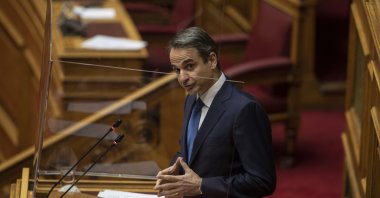Greek Prime Minister Kyriakos Mitsotakis speaks during a parliamentary session in Athens, Greece, Feb. 25, 2021. (AP Photo)