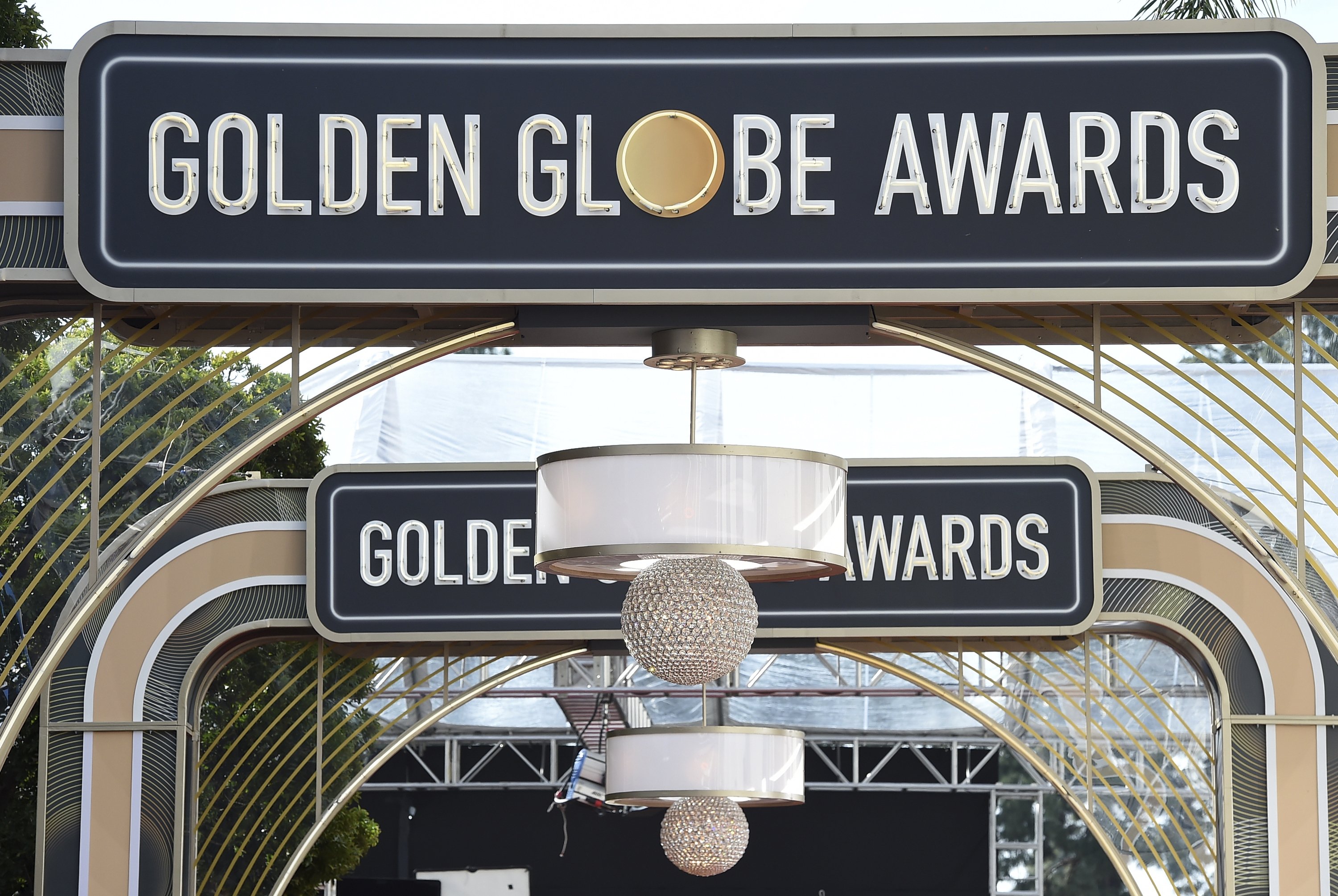 Event signage appears above the red carpet at the 77th annual Golden Globe Awards, in Beverly Hills, California, the U.S., Jan. 5, 2020. (AP Photo)
