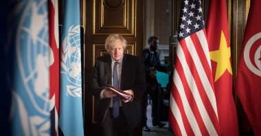 Britain's Prime Minister Boris Johnson chairs a session of the United Nations Security Council on climate and security at the Foreign, Commonwealth and Development Office in London, Britain, Feb. 23, 2021. (Stefan Rousseau/PA Wire/Pool via REUTERS)