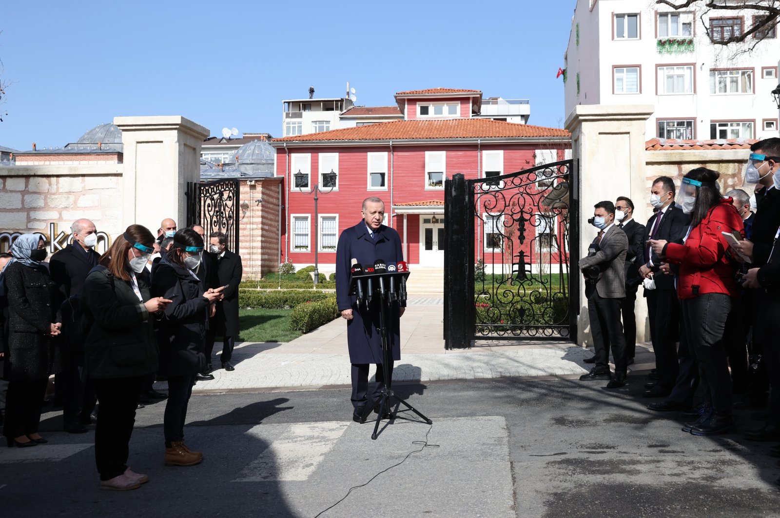 President Recep Tayyip Erdoğan speaks to reporters at the Grand Selimiye Mosque in Üsküdar district in Istanbul on Feb. 26, 2021 (IHA Photo)