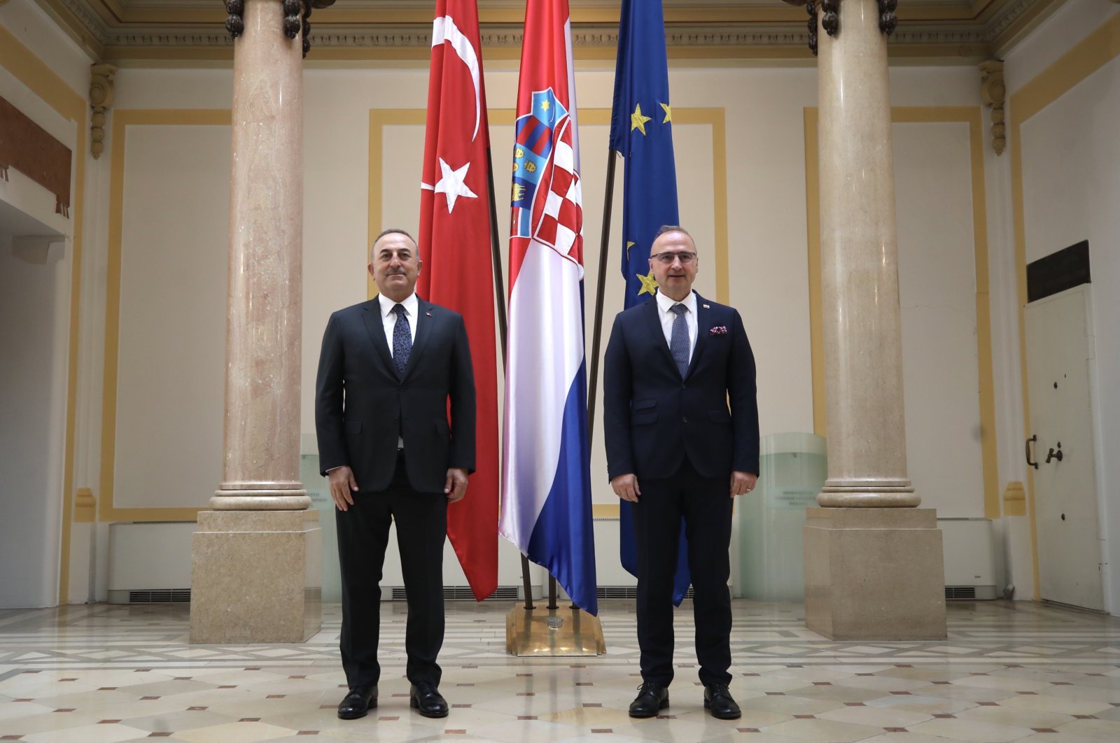 Foreign Minister Mevlüt Çavuşoğlu meets with his Croatian counterpart Gordan Grlic Radman, Petrinja, Croatia, Feb.26, 2021. (AA)