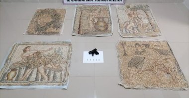 Ancient mosaic paintings seized from a smuggling suspect on display in Mersin, southern Turkey, March 1, 2021. (AA PHOTO)