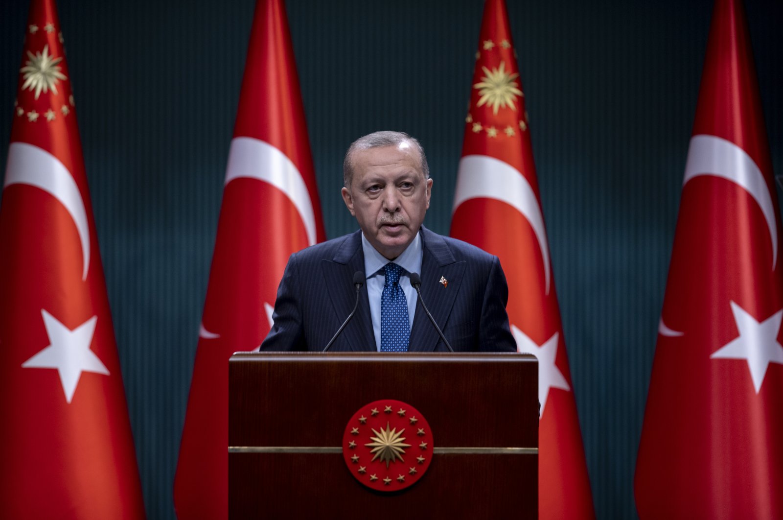 President Recep Tayyip Erdoğan speaks at a news conference following a cabinet meeting in Ankara on Monday, March 1, 2021 (AA Photo)