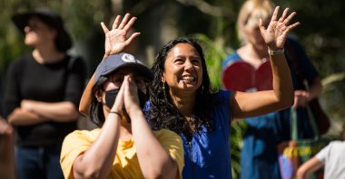 Activists show their support for detained refugees outside the Park Hotels in Melbourne, Australia, Jan. 21, 2021. (Getty Images)