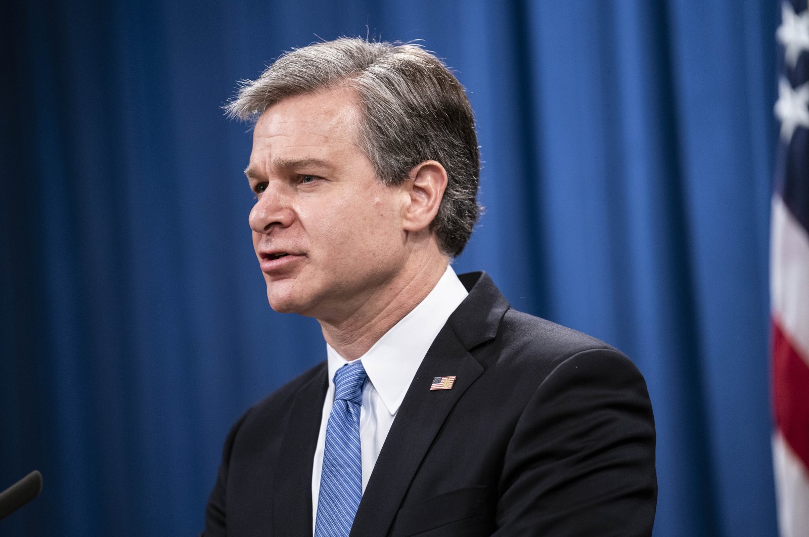 FBI Director Christopher Wray speaks during a virtual news conference at the Department of Justice in Washington, D.C., U.S., Oct. 28, 2020. (AP Photo)