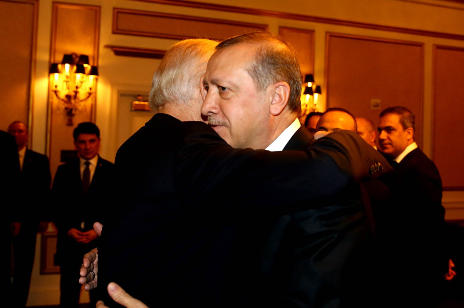 Then U.S. Vice President Joe Biden (L) hugs President Recep Tayyip Erdoğan during an official visit, Ankara, Turkey, March 31, 2016. (Photo by Turkish Presidency)