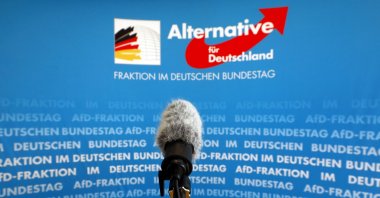 A microphone stands in front of an AfD (Alternative fuer Deutschland) logo on the press wall of the German Bundestag in Berlin, Germany, March 12, 2020. (Reuters Photo)