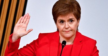 Scotland's First Minister Nicola Sturgeon is sworn in before giving evidence to The Committee on the Scottish Government Handling of Harassment Complaints at Holyrood in Edinburgh, examining the government's handling of harassment allegations against Former Scottish National Party leader and former First Minister of Scotland, Alex Salmond on March 3, 2021. (AFP Photo)