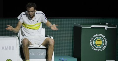 Russia's Daniil Medvedev reacts after losing against Serbia's Dusan Lajovic in a first-round men's singles match of the ABN AMRO world tennis tournament at Ahoy Arena in Rotterdam, Netherlands, March 3, 2021. (AP Photo)
