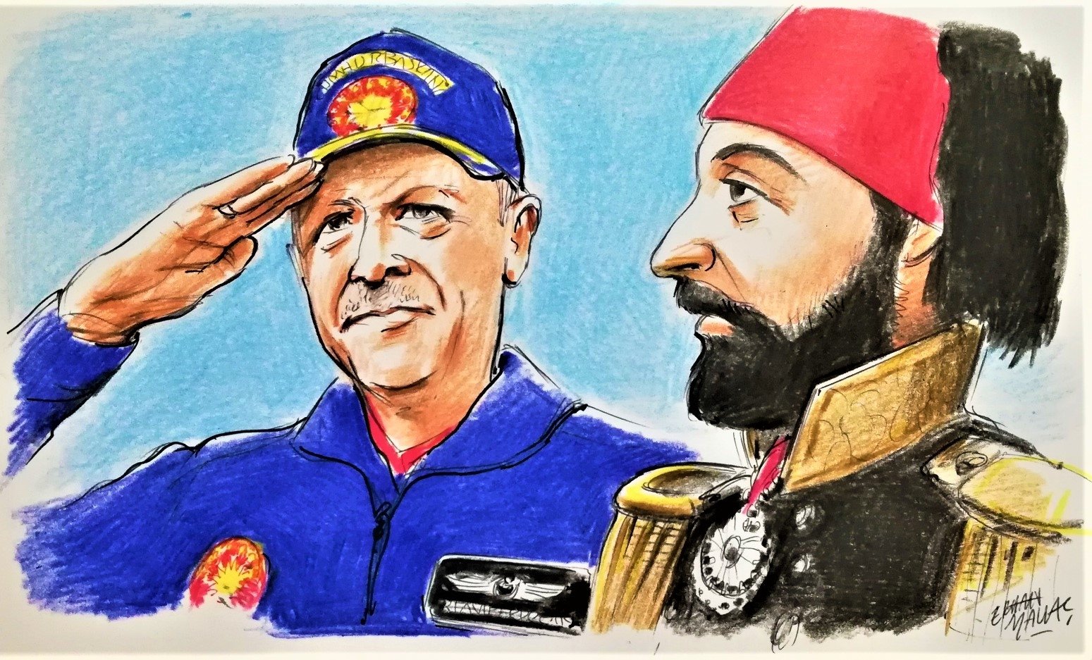 An illustration depicting President Recep Tayyip Erdoğan and Ottoman Sultan Mahmud II by Erhan Yalvaç.