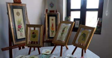 Some works that Sevilay Güler painted on her handmade papers, Edirne, northwestern Turkey, March 1, 2021. (AA Photo)
