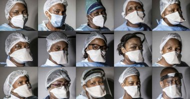 This combination of pictures created on March 3, 2021, shows South African nurses posing outside one of the COVID-19 wards inside the Thembisa Hospital, on March 3, 2021. (AFP)