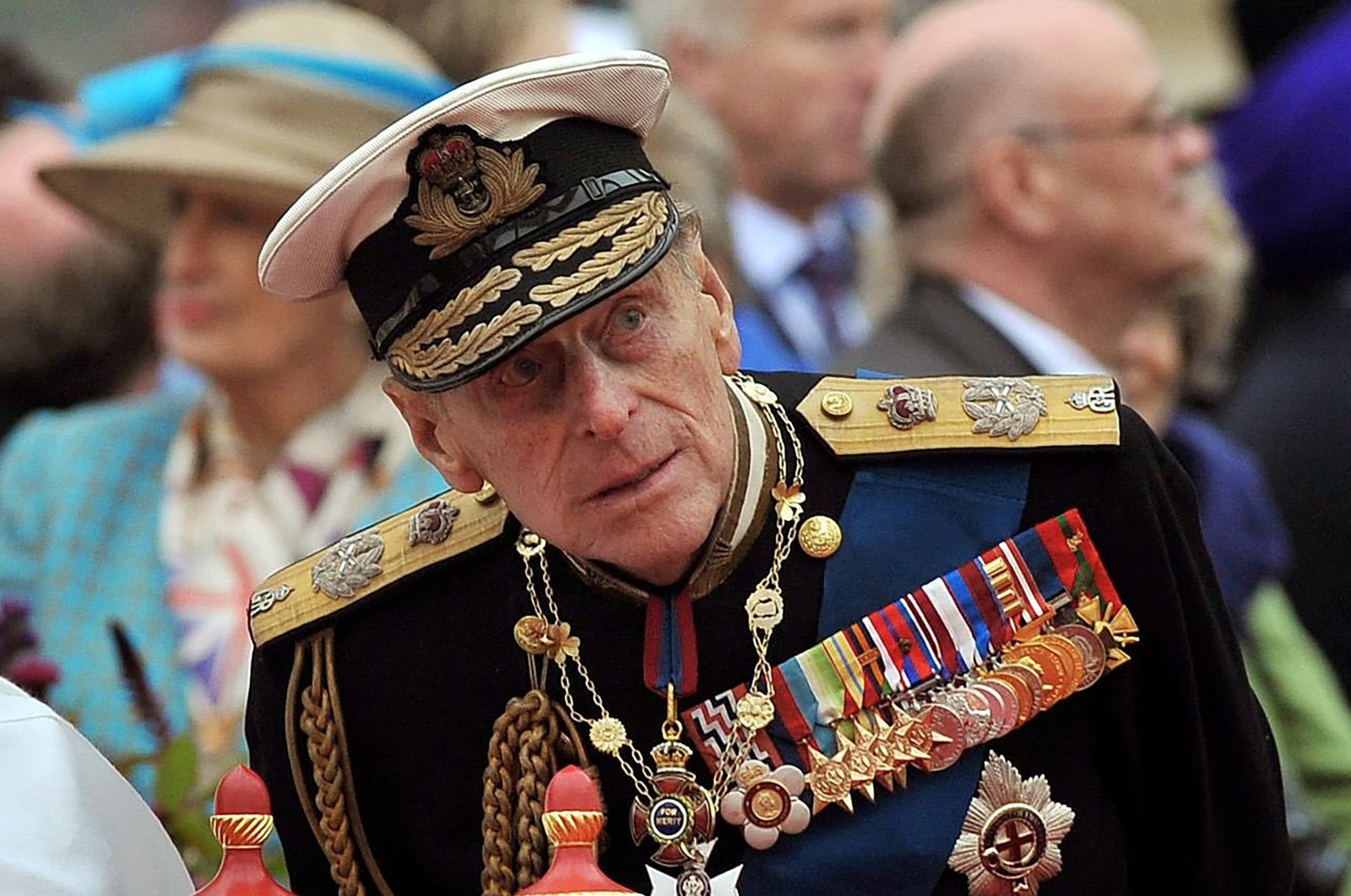 Prince Philip watches the proceedings from the royal barge during the Diamond Jubilee Pageant on the River Thames in London, June 3, 2012. (AP Photo)