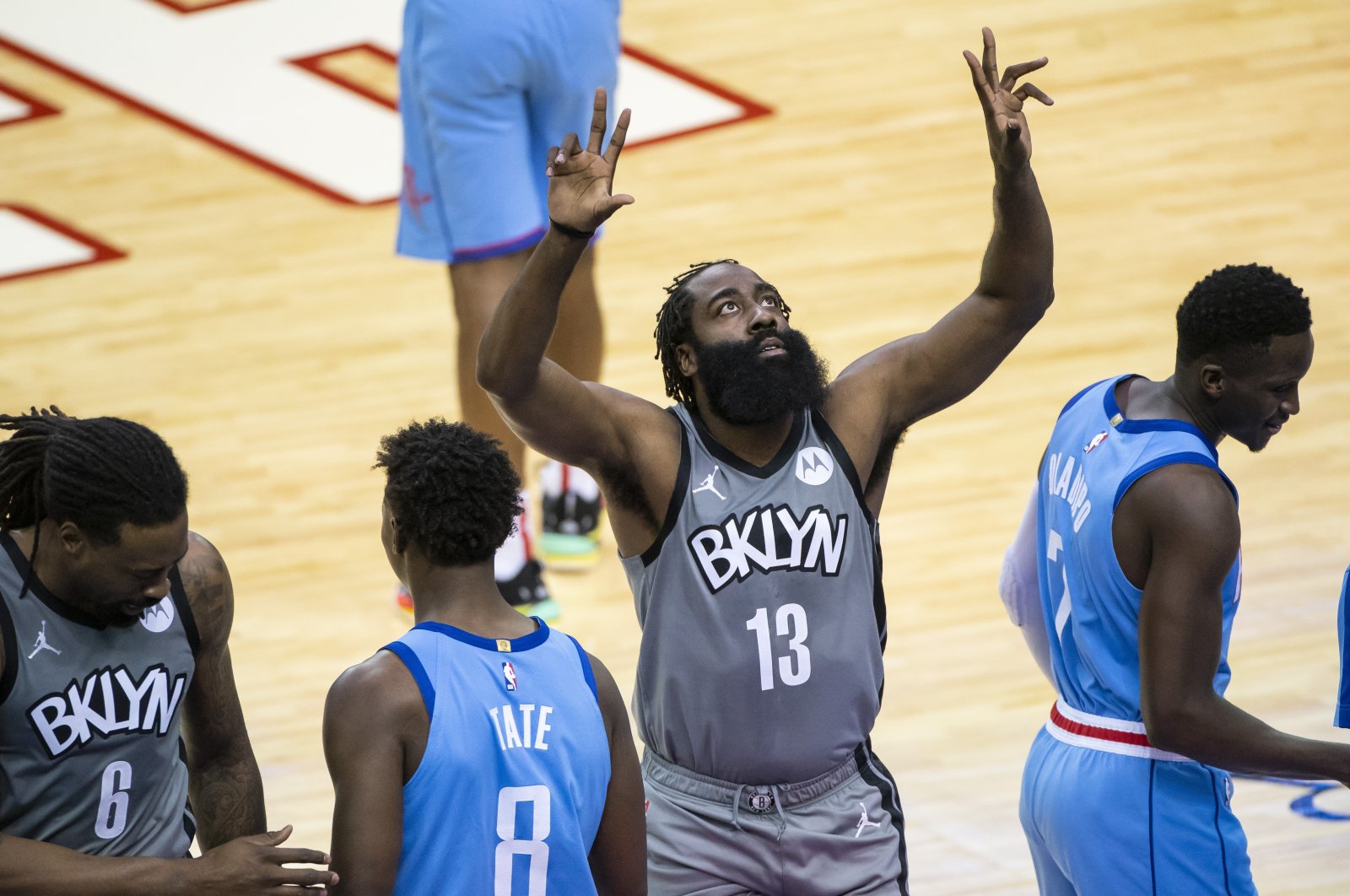 Brooklyn Nets guard James Harden (C) prepares to start in an NBA game against the Houston Rockets, in Houston, Texas, March 3, 2021. (AP Photo)