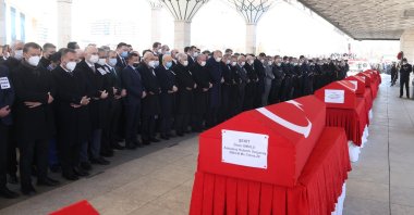 President Recep Tayyip Erdoğan and other dignitaries attend funeral prayers for the victims in the capital Ankara, Turkey, March 5, 2021. (AA PHOTO)