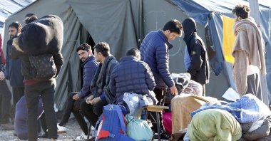 A group of migrants can be seen in Lipa camp in Bihac, Bosnia and Herzegovina, Feb. 18, 2021. (EPA Photo)