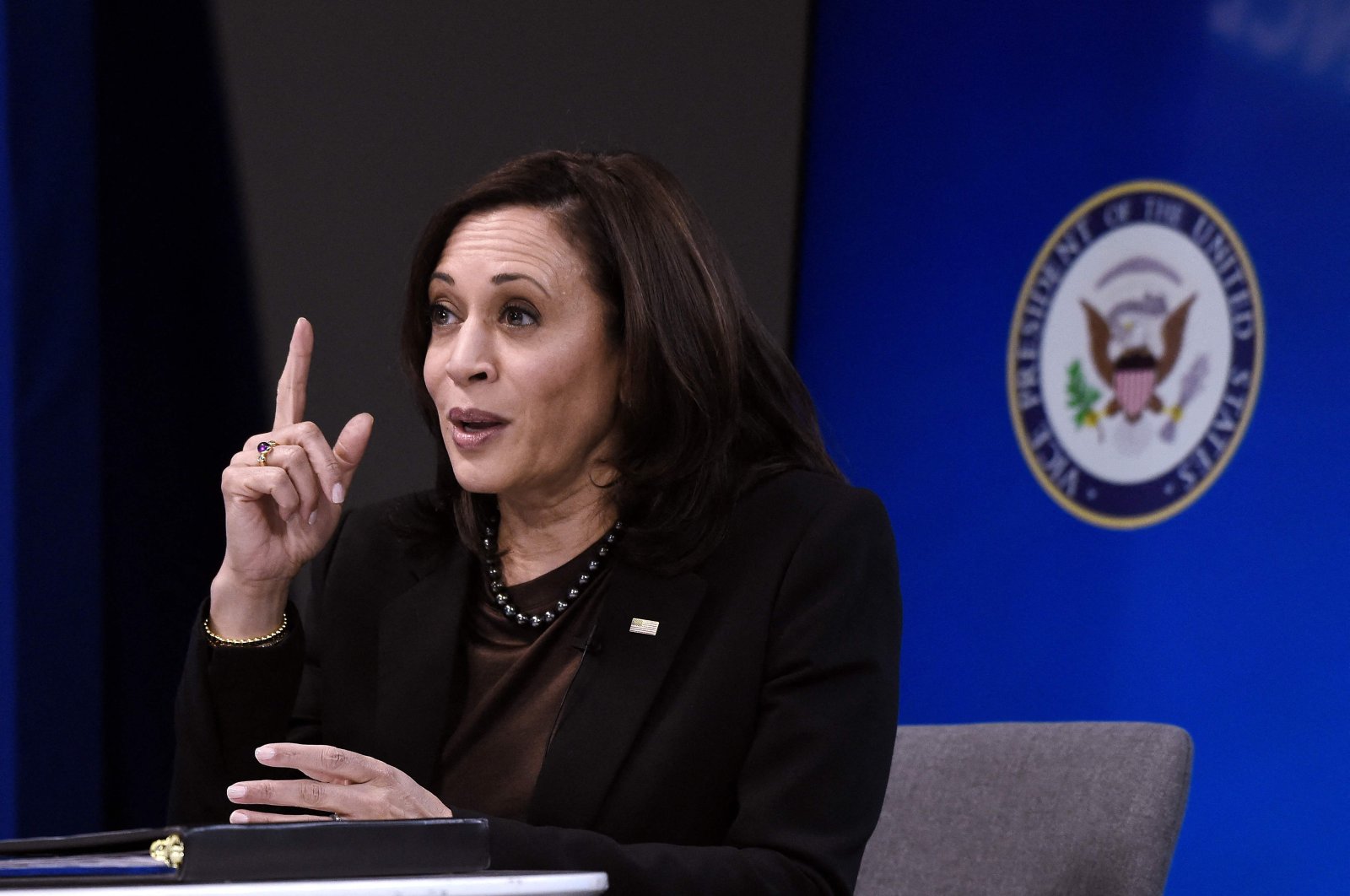 U.S. Vice President Kamala Harris delivers remarks at the House Democratic Issues Conference in the South Court Auditorium of the White House in Washington, D.C., U.S., March 2, 2021. (AFP Photo)