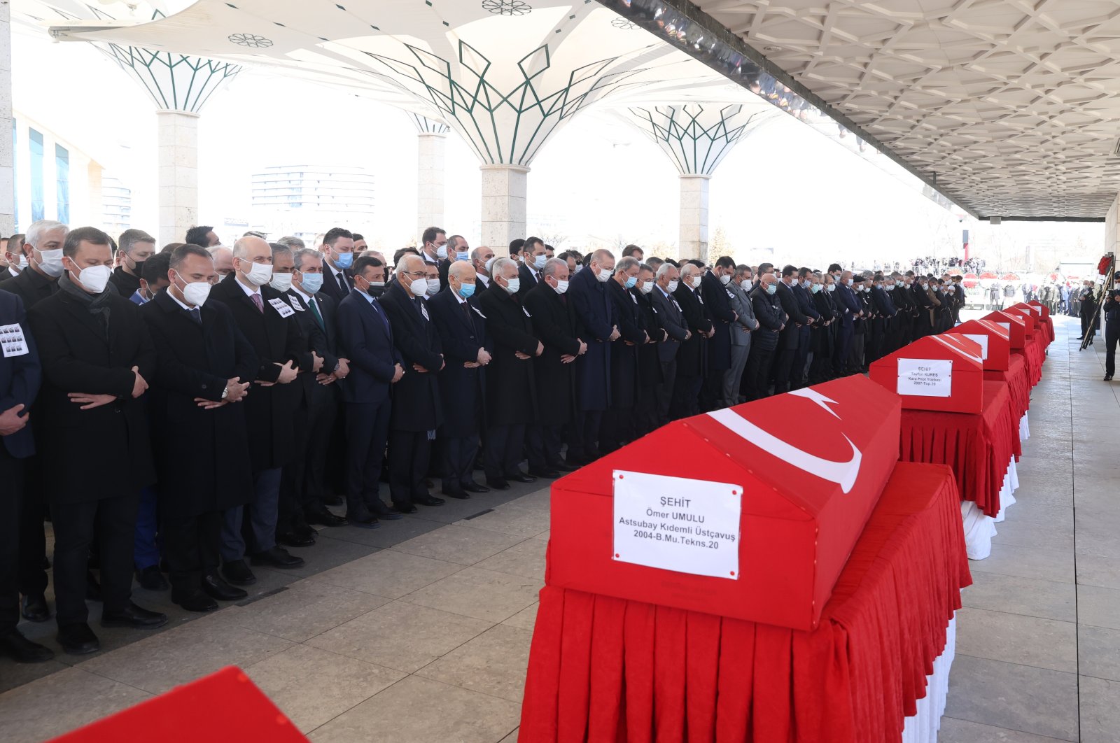 President Recep Tayyip Erdoğan and other dignitaries attend funeral prayers for the victims in the capital Ankara, Turkey, March 5, 2021. (AA PHOTO)