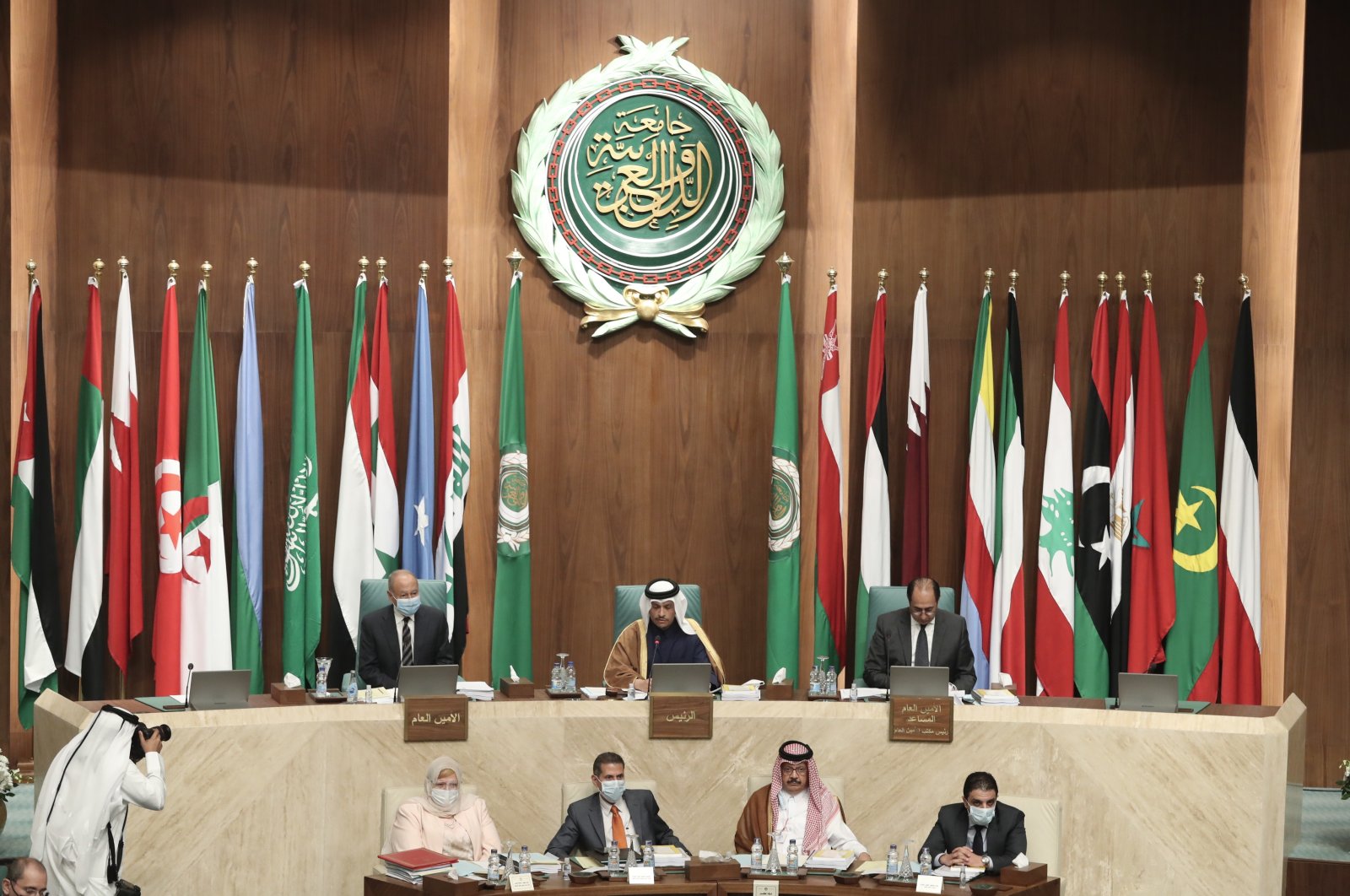 Secretary-General of the Arab League Ahmed Aboul Gheit (L) Qatari Deputy Prime Minister and Minister of Foreign Affairs Sheikh Mohammed bin Abdul Rahman Al Thani (C) and Assistant Secretary General responsible of the League's Council, Ambassador Hossam Zaki (R) attend  the 155th ordinary session at the Arab League headquarters in Cairo, Egypt, March 3, 2021. (EPA Photo)