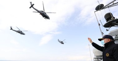 Defense Minister Hulusi Akar attends the Blue Homeland 2021 tactical exercise on the Oruç Reis off the Aegean Sea on Saturday, March 6, 2021 (AA Photo)