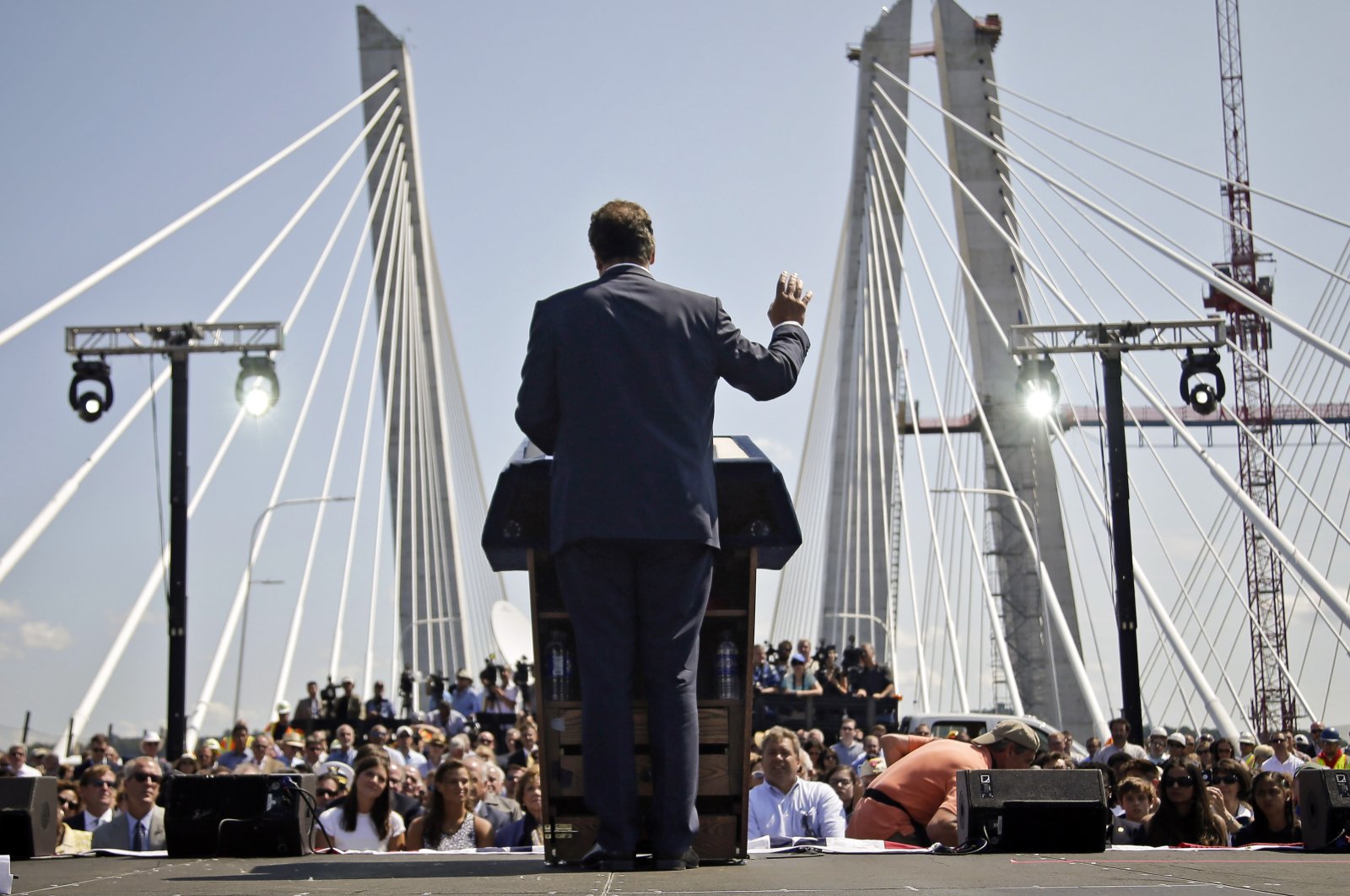 New York Gov. Andrew Cuomo speaks at a ribbon-cutting ceremony for the new Gov. Mario M. Cuomo Bridge, replacing the Tappan Zee Bridge in Tarrytown, N.Y., the U.S., Aug. 24, 2017. (AP Photo)
