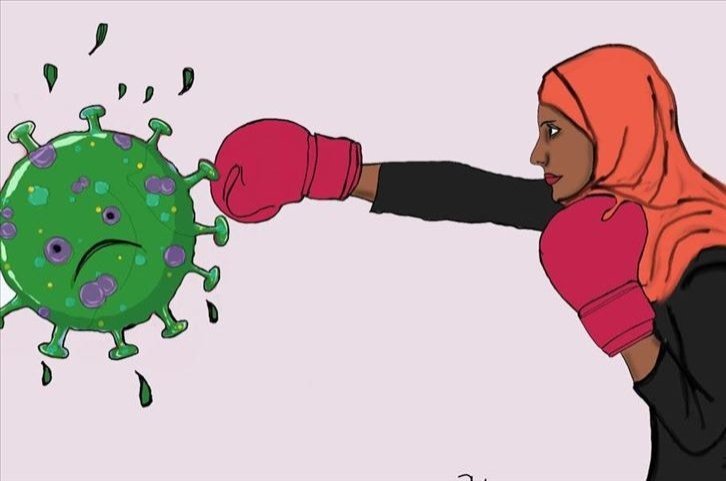 A painting by Nujuum Hashi Ahmed shows her punching the coronavirus. (AA PHOTO)