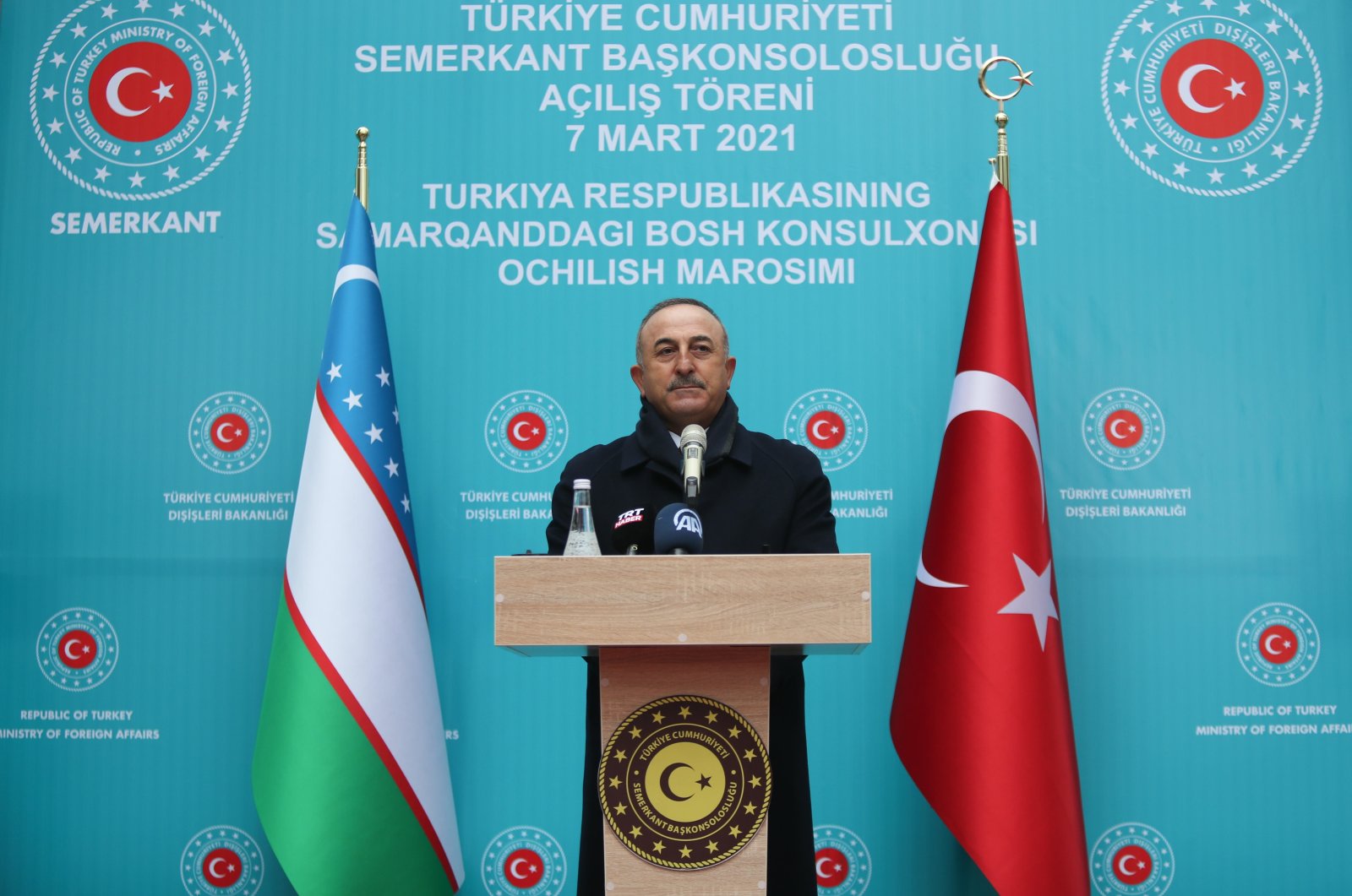Foreign Minister Mevlüt Çavuşoğlu speaks during the opening ceremony of Turkey's consulate general in Uzbekistan's Samarkand city, March 7, 2021. (AA Photo)
