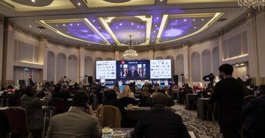 President Recep Tayyip Erdoğan is seen on the screen addressing the 11th Bosphorus Summit in a video message, Istanbul, Turkey, March 8, 2021. (AA Photo)