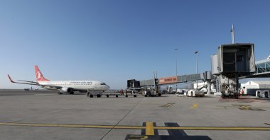 A view shows a Turkish Airlines Boeing 737 parked on the tarmac of Nice Cote d'Azur Airport Terminal 2 amid the coronavirus outbreak in Nice, France, March 1, 2021.  (Reuters Photo)