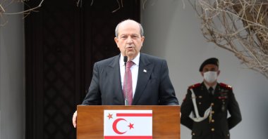 TRNC President Ersin Tatar speaks to reporters following a meeting with U.N. envoy Jane Holl Lute in Lefkoşa, TRNC, March 8, 2021 (AA Photo)