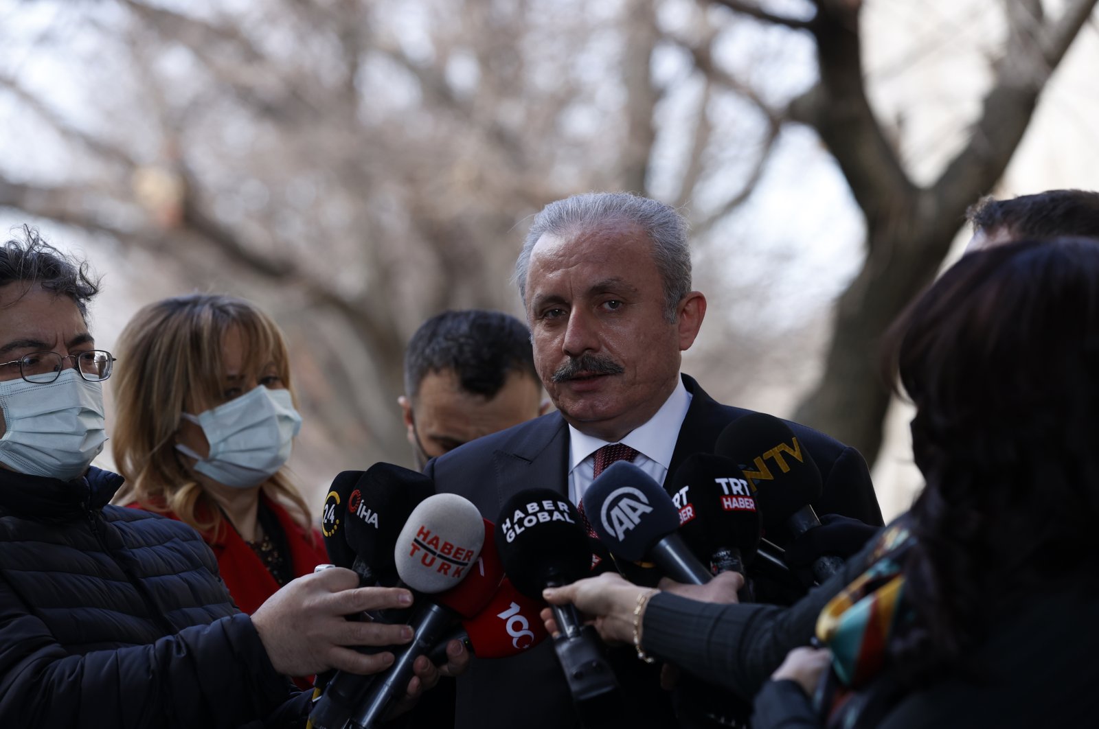 Parliament Speaker Mustafa Şentop addresses reporters in the capital Ankara, March 8, 2021. (AA Photo)