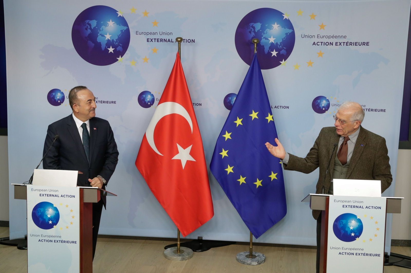 Foreign Minister Mevlüt Çavuşoğlu (L) and High Representative of the European Union for Foreign Affairs and Security Policy Josep Borrell give a joint statement ahead of a meeting at the EEAS in Brussels, Belgium, Jan. 21, 2021. (AFP Photo)