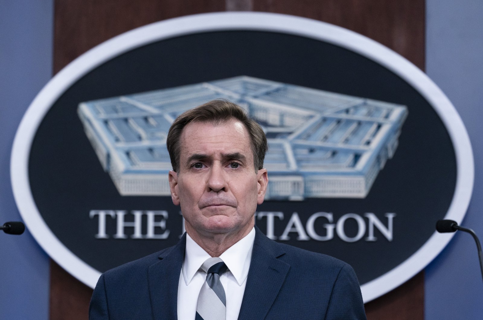 Pentagon spokesman John Kirby listens to a question during a media briefing at the Pentagon, Friday, March 5, 2021, in Washington. (AP Photo)