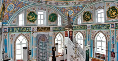 An interior view from the Zühtü Pasha Mosque shows its calligraphic decorations, Kadıköy, Istanbul.