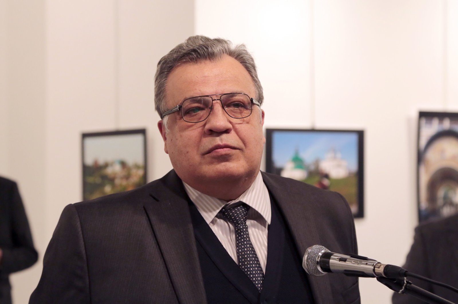 The Russian Ambassador to Turkey Andrei Karlov speaks at a gallery in the capital Ankara, Dec. 19, 2016. (AP Photo)
