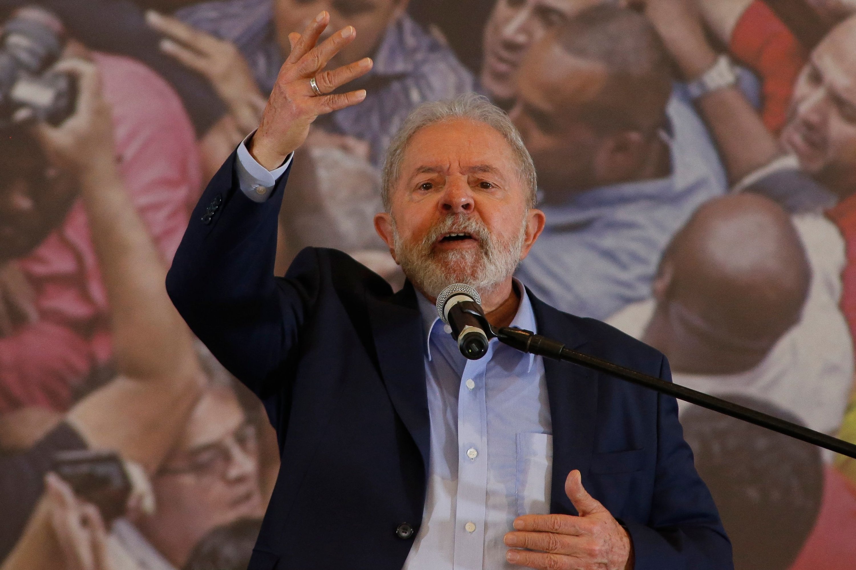 Brazilian Former President Luiz Inacio Lula da Silva, delivers a press conference at the metalworkers