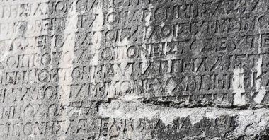 A Latin inscription is seen in the ancient city of Stratonikeia in Muğla province, Turkey, March 9, 2021. (AA Photo)